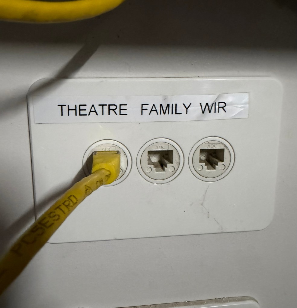 Home network patch panel in a garage showing Ethernet connections routed to different rooms of a house